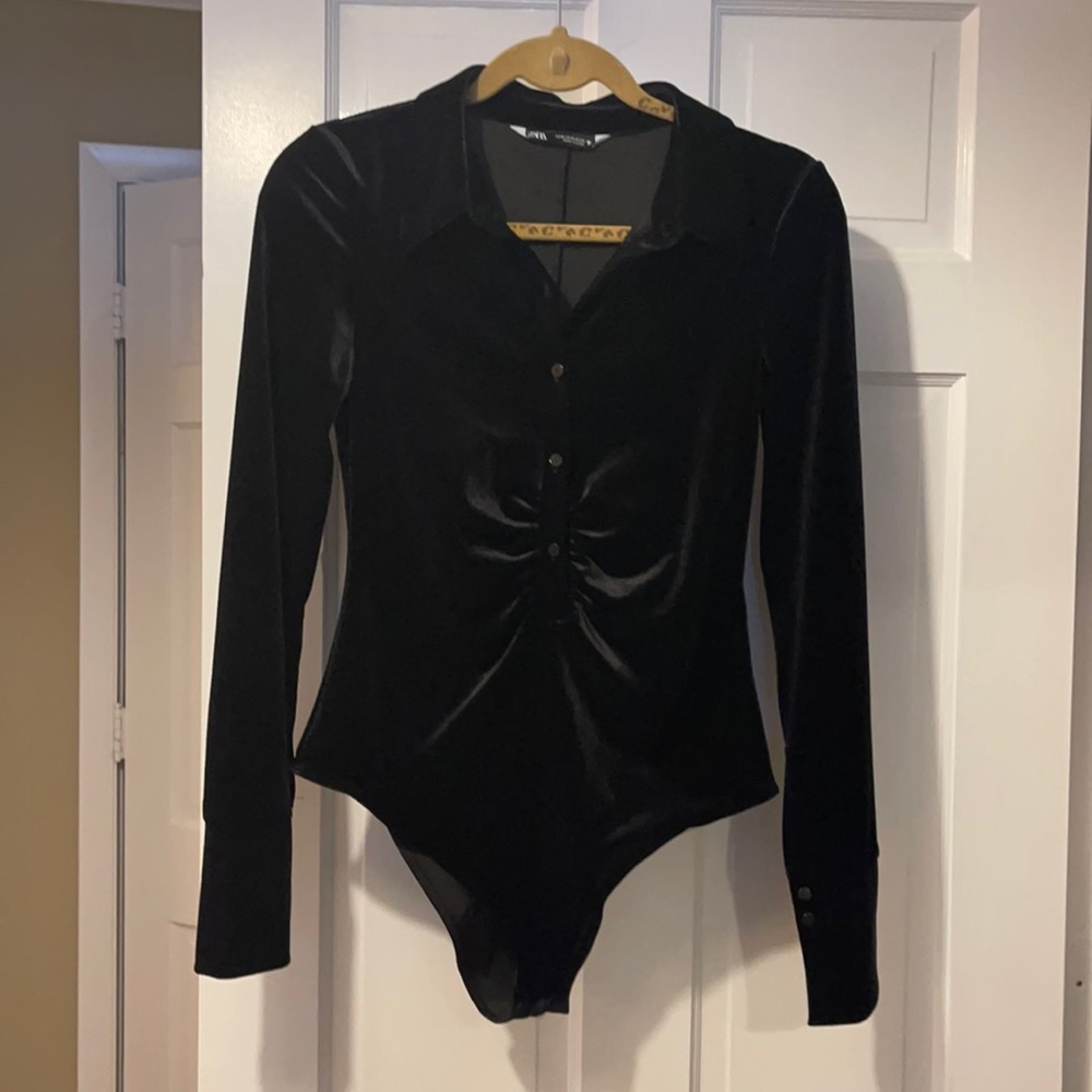 Zara Black Velvet Collared Long Sleeve Bodysuit